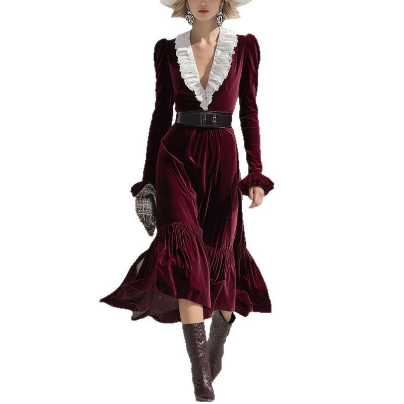 European and American Style 2025 Winter V-neck Color Block Slim Fit Long Sleeve Mermaid Dress for Women