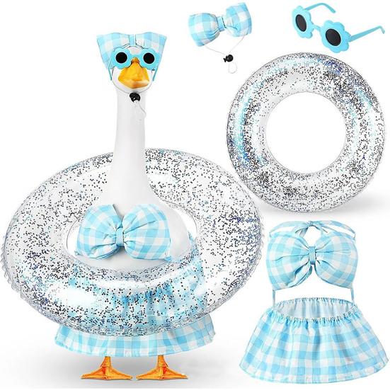 Bikini Porch Goose Outfits, Porch Goose Summer Outfits, Swimsuit with Hat Sunglasses & Swim Ring, Fit 23'' Lawn Goose Statue for Summer Outdoor Garden