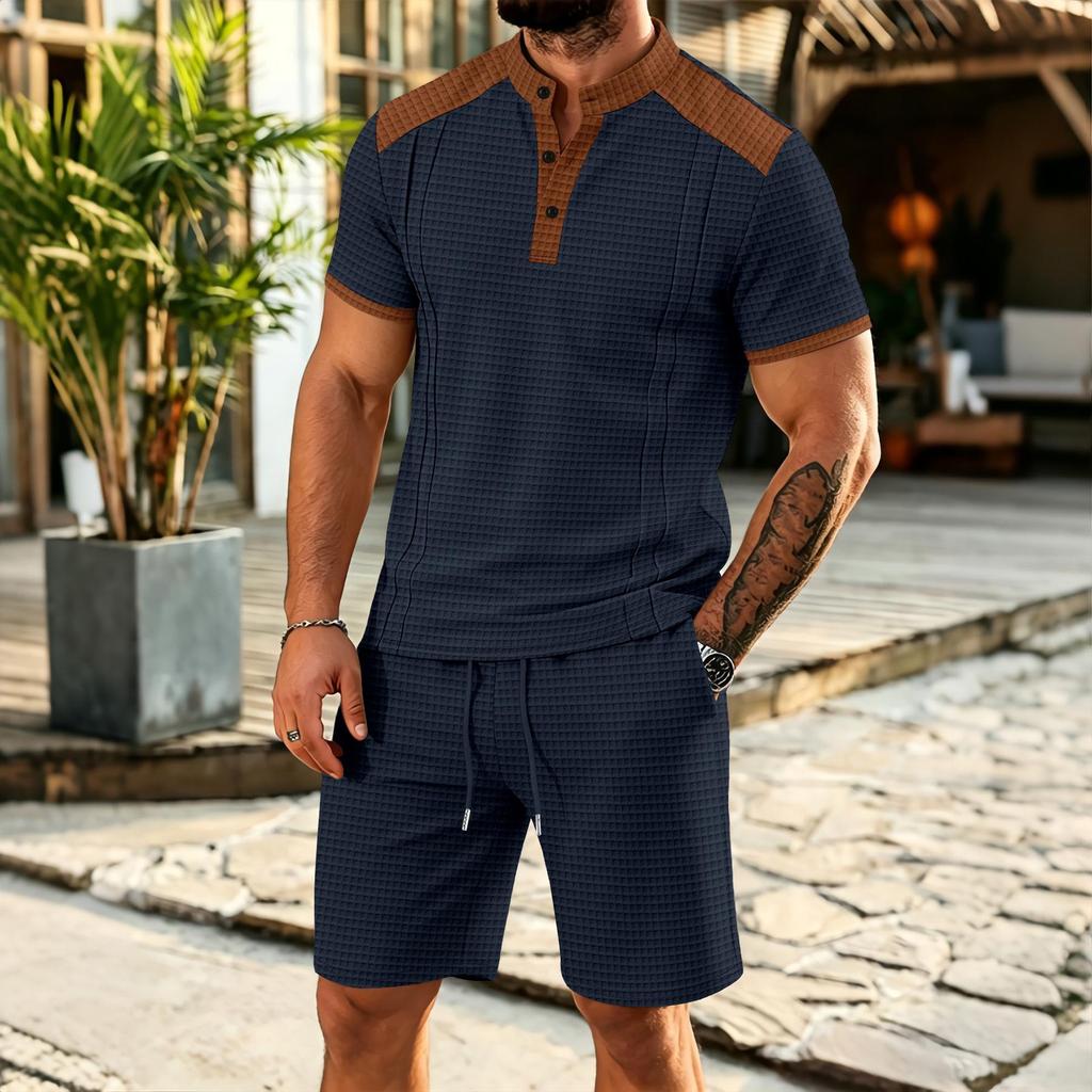 Men's Summer Plaid Stand Collar Short Sleeve T-shirt & Shorts Set