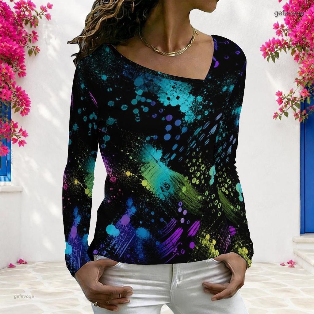Women Plus Size Long Sleeve V Neck Colorful Abstract Printed Casual T Shirt