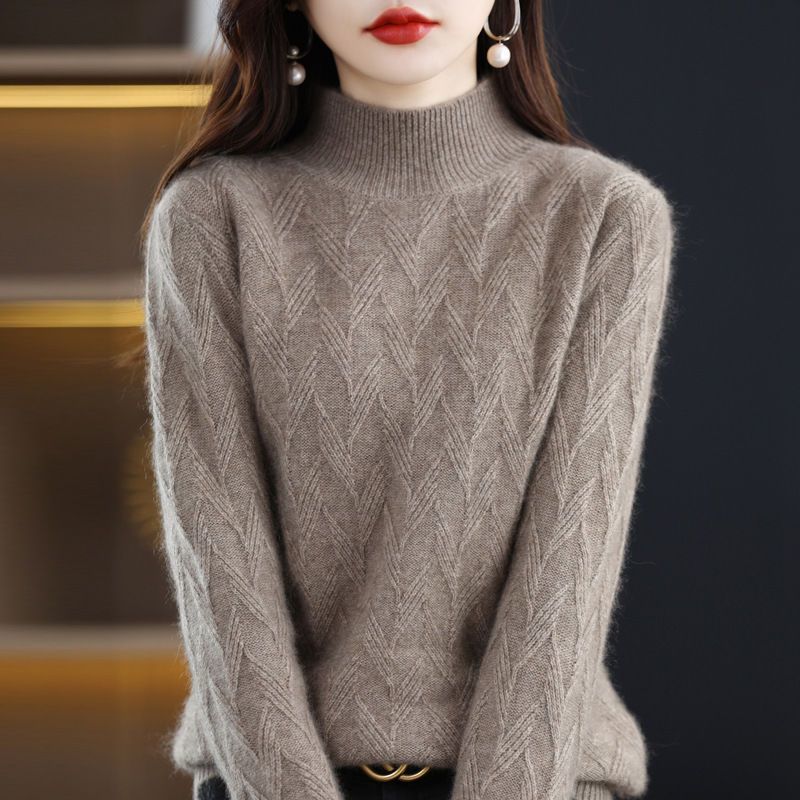 

Вязаный свитер с полувысоким воротником, женский повседневный однотонный пуловер, свободный и модный свитер с длинными рукавами для осени и зимы XL хаки