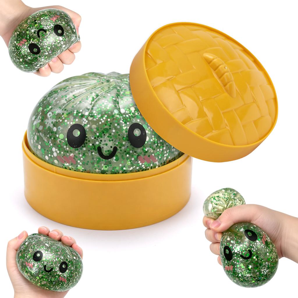 Simulated Steamed Buns Squishy Rebound Soft Squeeze Stress Ball with Bamboo Steamer Box Anti-Stress Toy Sensory Creative Gift