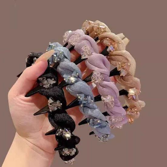 Women Headband Shiny Rhinestones Bright Color Fabric Cover Hair Hoop