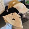 Women Ribbon Bowknot Straw Hat Summer Hollow Out Breathable Sunshade Fishermen Hats Y2K Sweet Girl Beach Travel Panama Caps