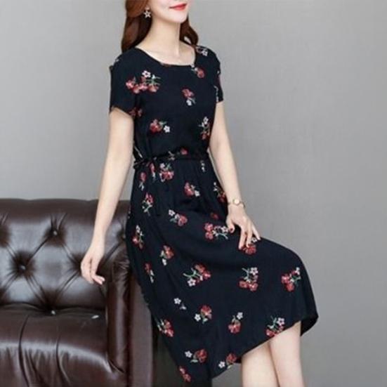 Women's Floral Print Summer Dress Boho Short Sleeve Crew Neck Midi Dress