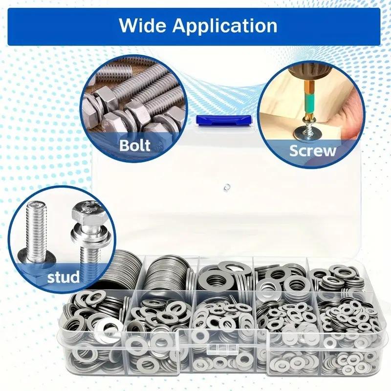 Stainless Steel Flat Washer Assortment Kit (M2, M2.5, M3, M4, M5, M6, M8, M10) - Suitable For Home Decorations& Factory Repairs