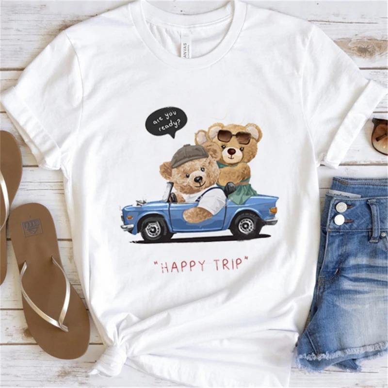 Cute Little Bear Print TShirt Summer Trend White Short Sleeve Neck Casual Sports Aesthetic Clothes Womens Graphic T Shirts