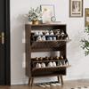 60 Cm High, Walnut-Colored Shoe Cabinet, Vertically Grooved Surface, Mid-Century Style, Suitable for Hallways, Passageways and Entrances.