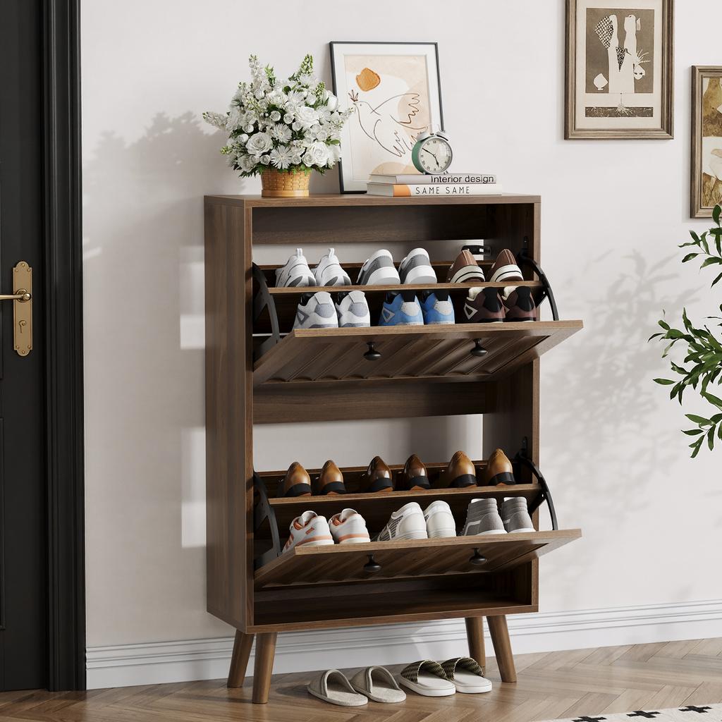 60 Cm High, Walnut-Colored Shoe Cabinet, Vertically Grooved Surface, Mid-Century Style, Suitable for Hallways, Passageways and Entrances.