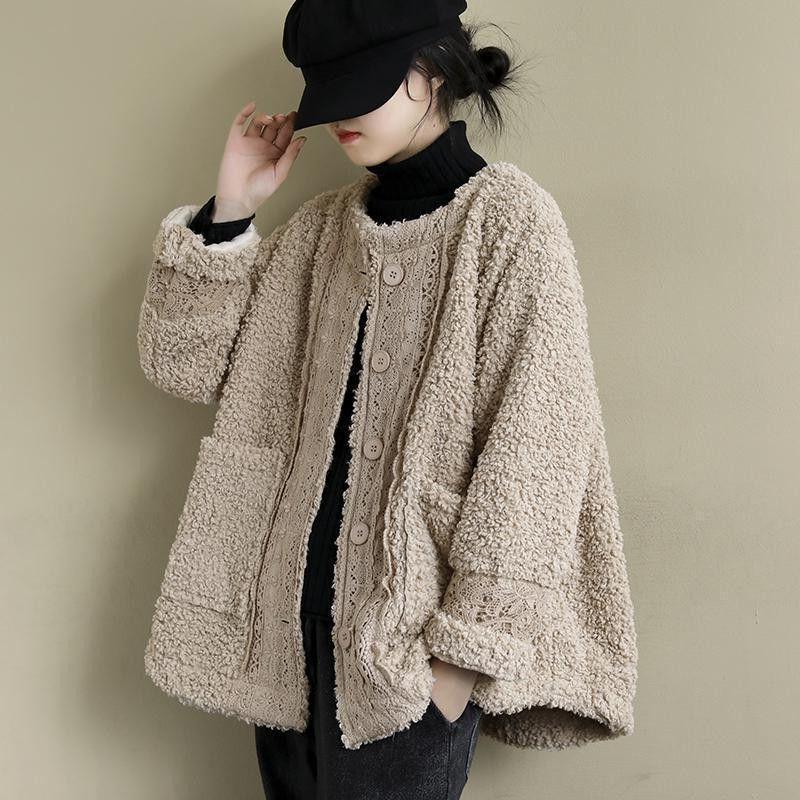 

Женское зимнее пальто большого размера из овечьей шерсти с кружевной вставкой (2025) - Теплый, Ретро, Свободный Меховой Комбинезон L (100-150 lbs) хаки