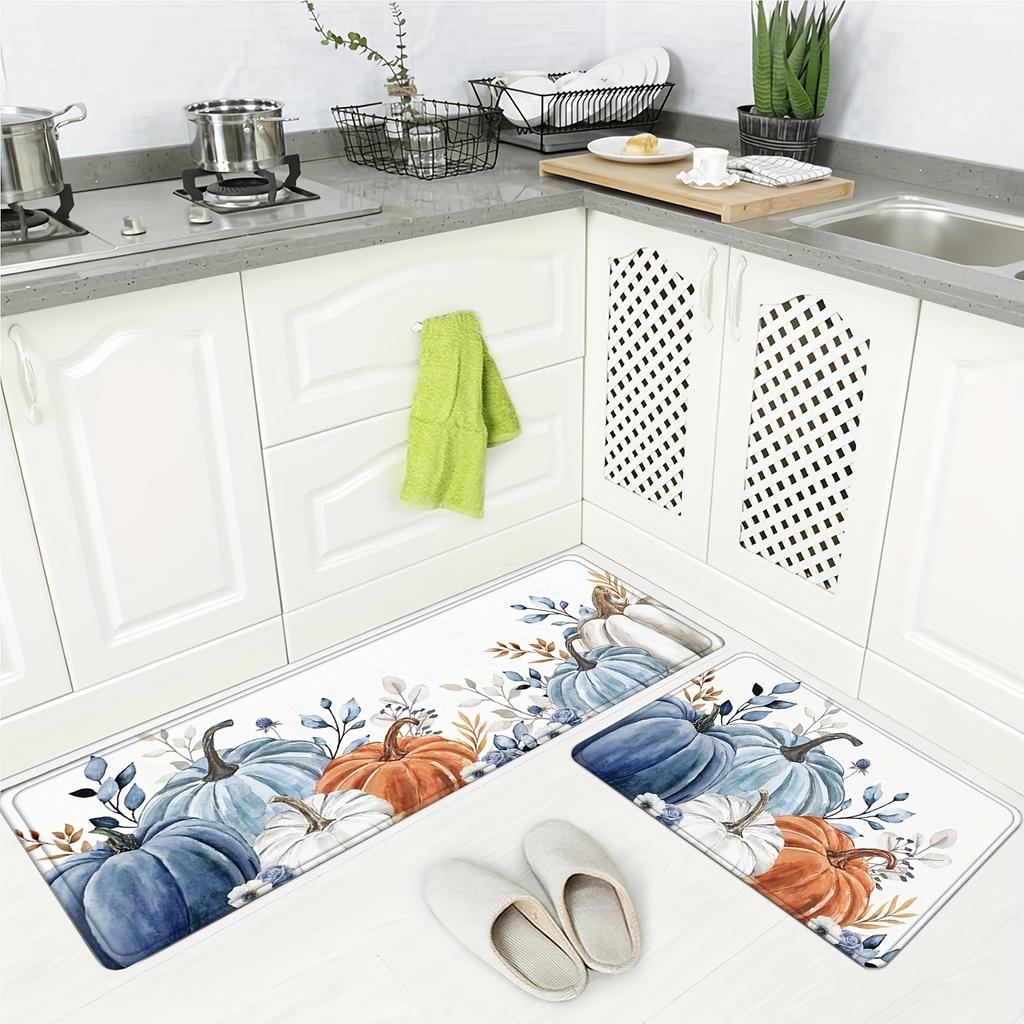 1Pcs Anti Fatigue Kitchen Rugs Blue Pumpkin Print Waterproof Non Slip Thick Cushioned Kitchen Mat Heavy Duty Comfort Standing