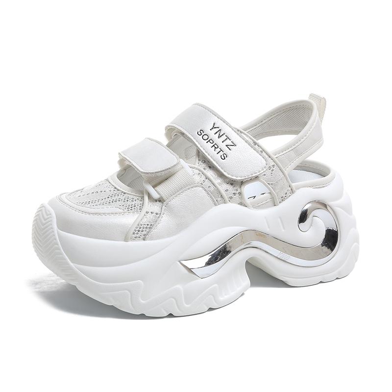 Fashion 8CM Breathable Hollow Leather Women Sandals Vulcanized Mesh Chunky Platform Gladiator Shoes High Heels Casual Summer Sneakers