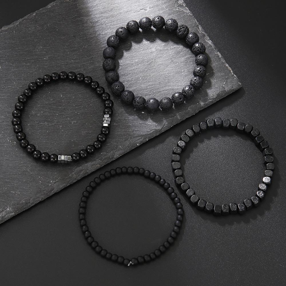 Cross Men's Multi-layer Bracelet Set: Black Gallstone, Volcanic Stone, Wood Beads. Elastic Jewelry.
