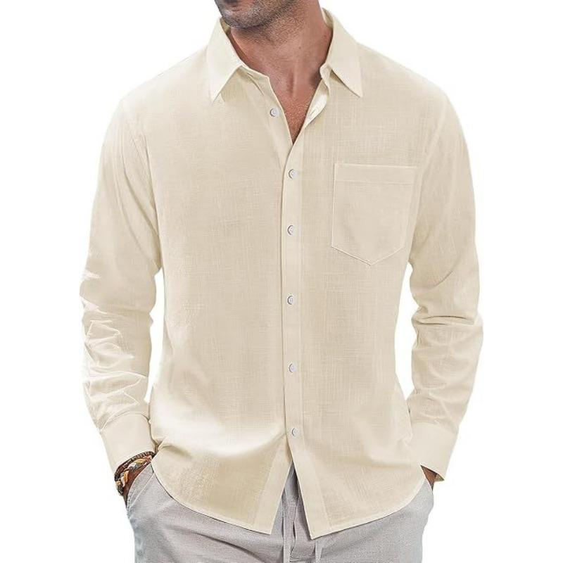 Camicia Casual da Uomo a Maniche Lunghe, Monocolore, Bottoni, Puro Cotone