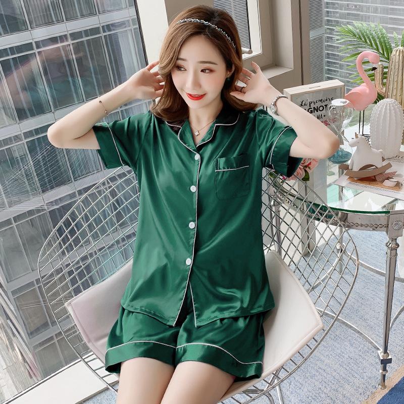 Women's Satin Pajamas Pocket Lapel Nightgown Pyjama Nightwear Short Sleeve Loungewear