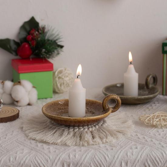 1pack Vintage Ceramic Candle Holders with Handle, Round Farmhouse Ceramic Plate Tray,Sage Holder for Burning,Incense Holder for Meditation Room Home