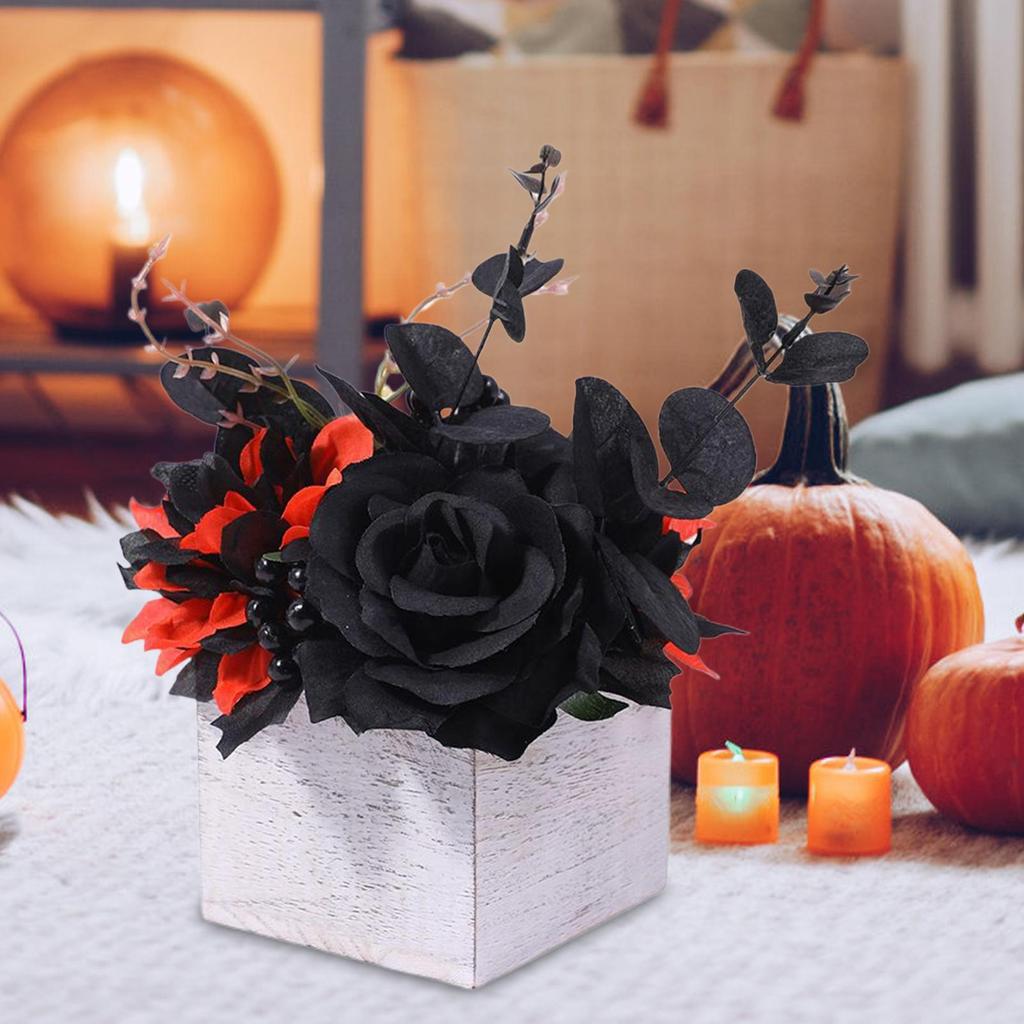Halloween Flower Arrangement Day Of The Dead Artificial Black Flowers Bouquet With Wooden Vase Gothic-Style Centerpieces