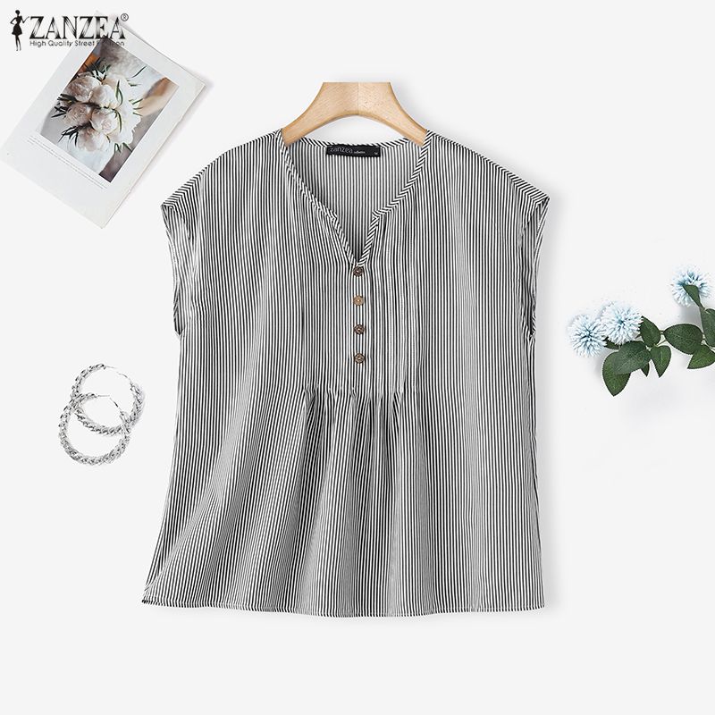 ZANZEA Women Casual V-Neck Sleeveless Stripe Tank Tops