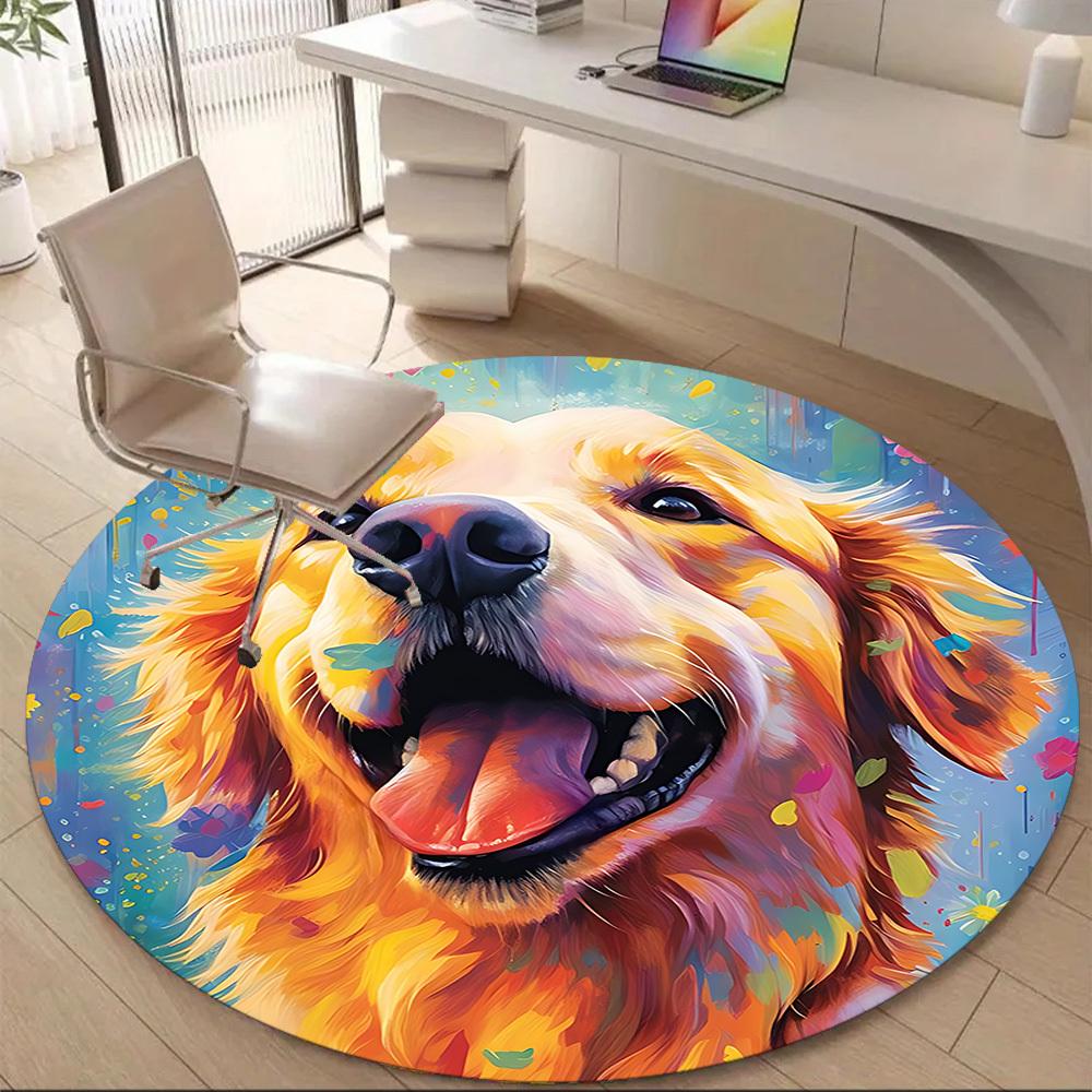 1PC Golden Retriever Artwork Office Round Area Rug, Mat Suitable ForOffice, Under Office Chairs Bedroom Living Room Home Decor, Room Deco