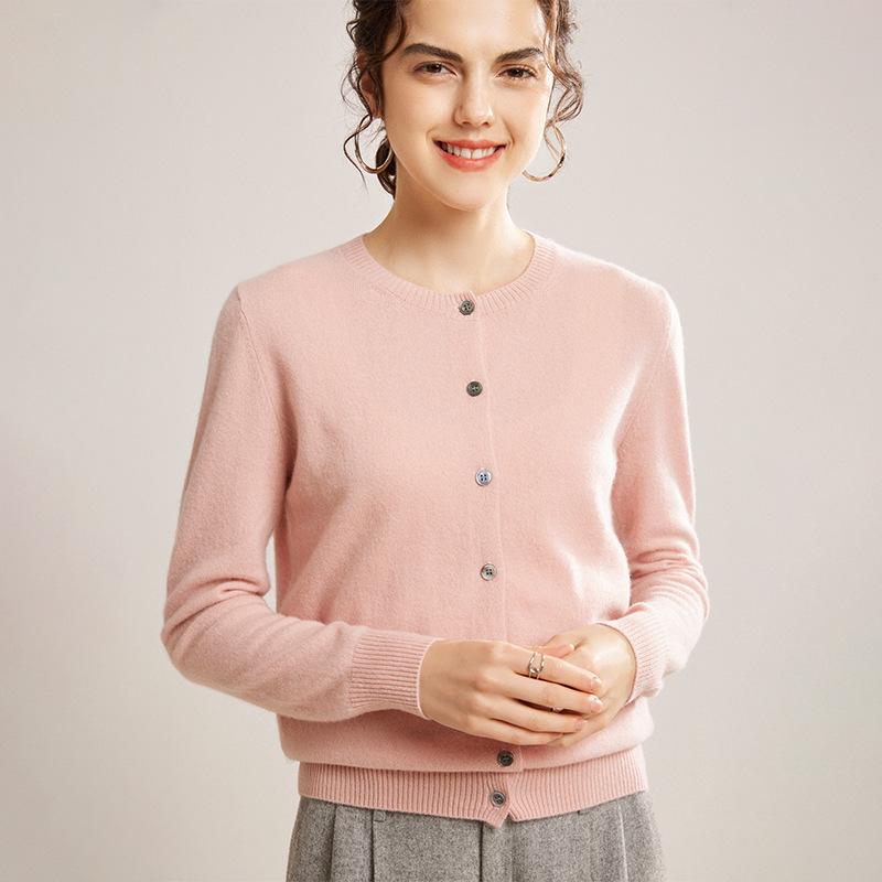 Mengyi Women's Pure Cashmere Round Neck Cardigan - Solid Color, Loose Fit, Warm Knit Outerwear for Spring/Autumn