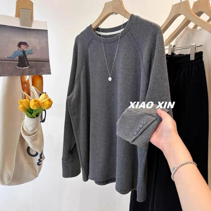 

Raglan Long-sleeved Button Design Brushed Bottoming Shirt for Women Autumn and Winter T-shirt Tops M серый