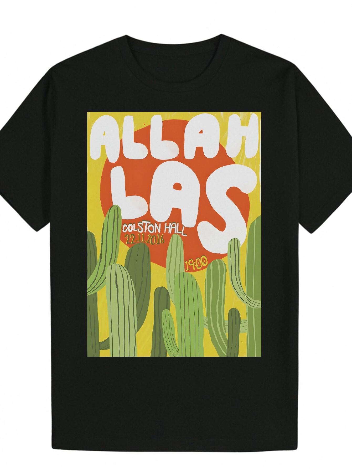 Graphic T-shirt - Bold ALLAH LAS Letter Print with Cactus Design S