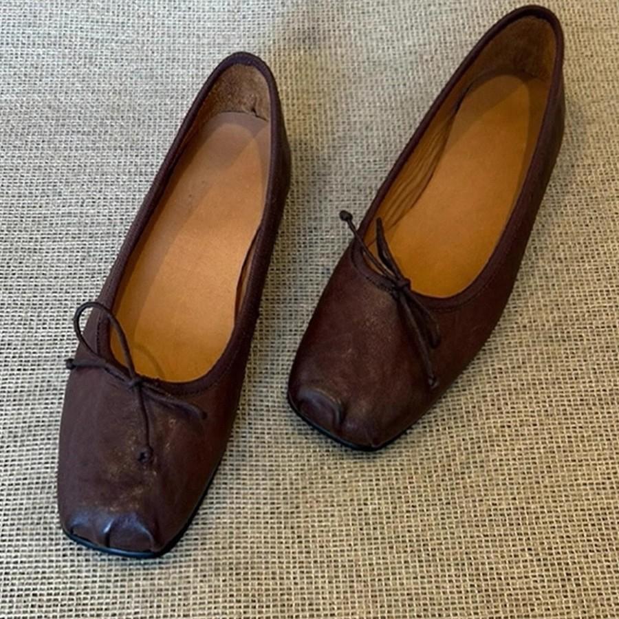 

Sheepskin version~ New square head French ballet shoes retro flat shoes women s bow beautiful Mary Jane shoes 40