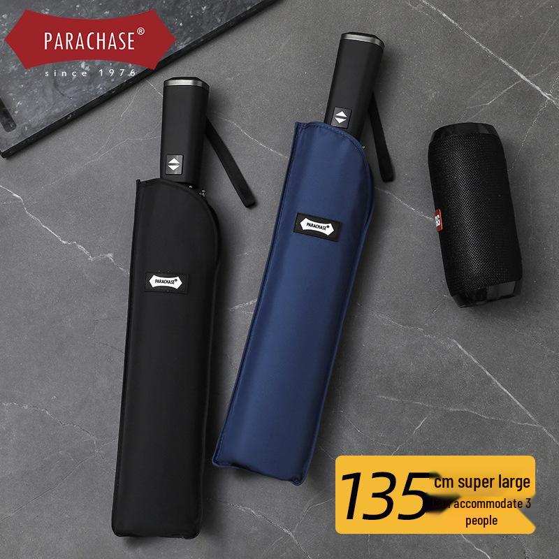 PARACHASE 135cm Super Large Automatic 3-Fold Umbrella, Flat Handle, Korean Style, Business Umbrella for Men
