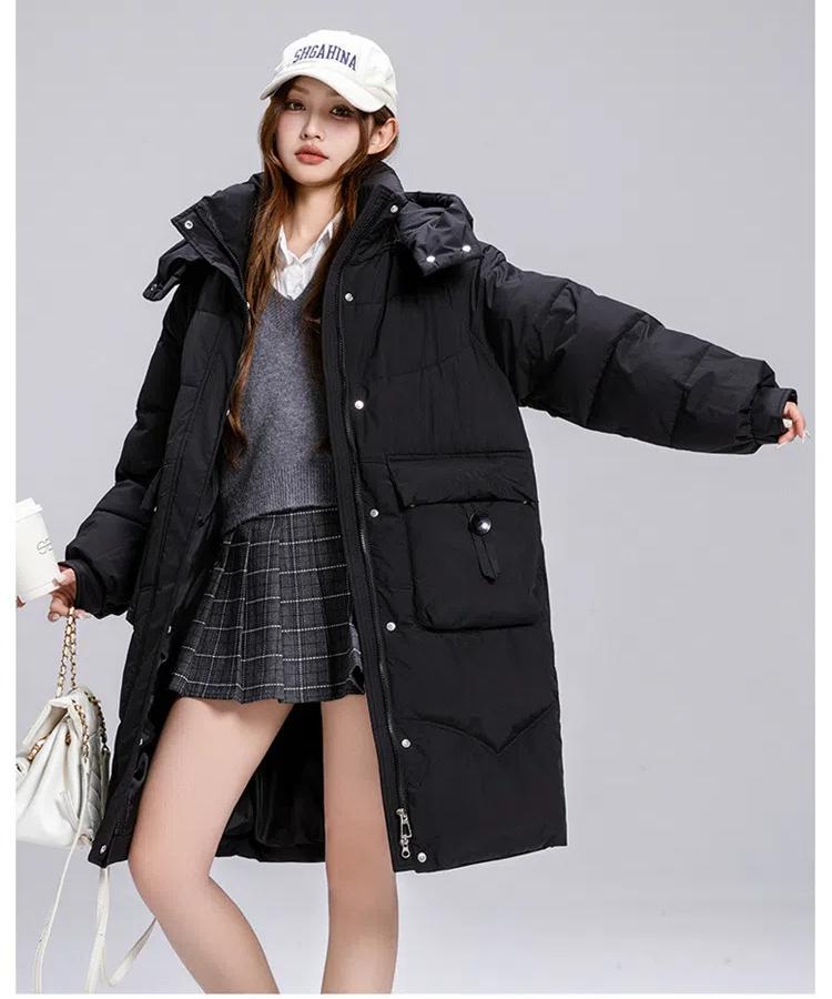 Women's Autumn and Winter Coat Solid Color Stand Collar Hooded Loose Thickened Windproof Mid-length Women's Jacket