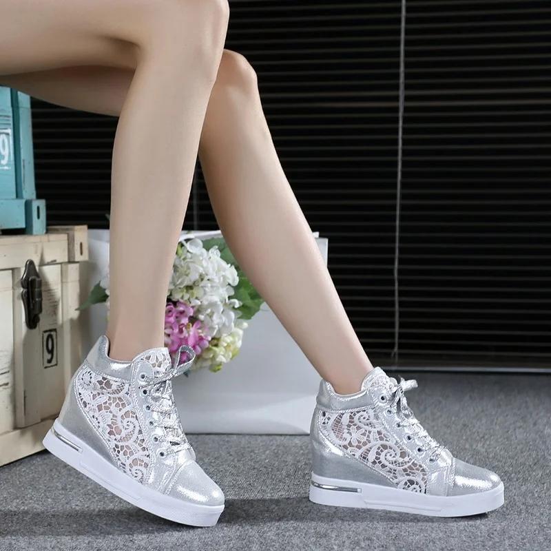 Fashion 2025 New Summer Women's Lace Breathable Mesh Sneakers Flats Loafers High Heels Platform Wedges Ladies Creepers Shoes Fashion