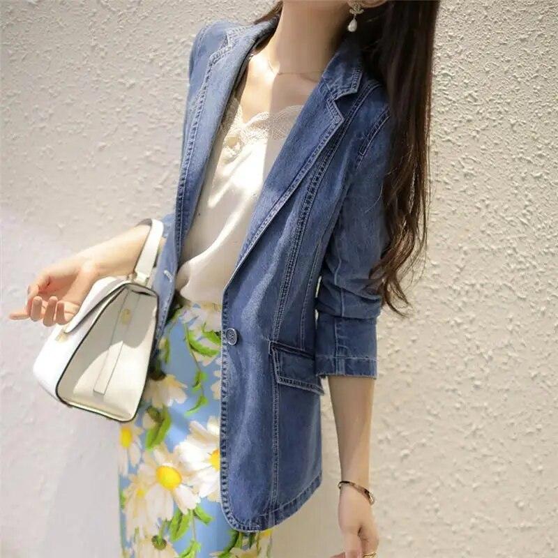 Frühling Herbst Vintage Anzug Frauen Jeans Jacke Casual Tops Lose Kurze Denim Blazer Outwear Weibliche Cowboy Basic Mantel