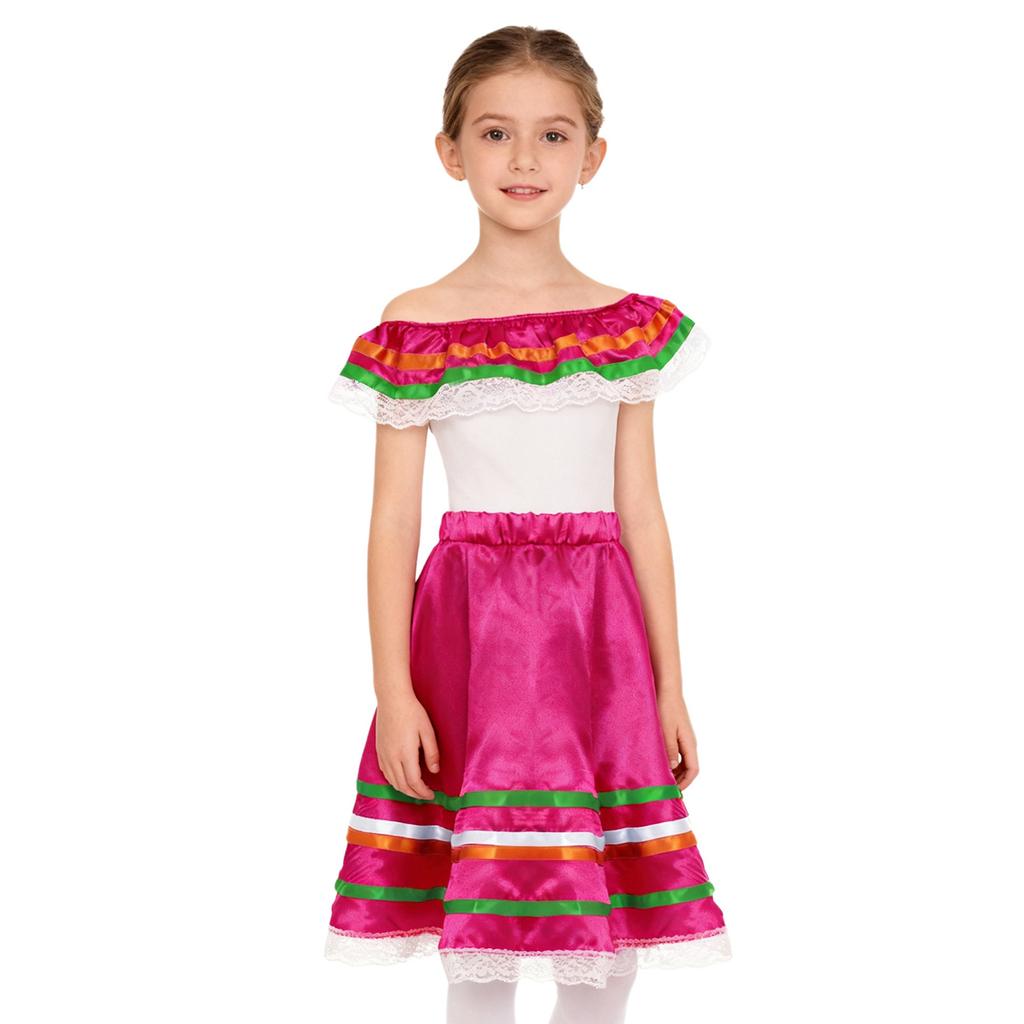 Girls Mexican Dress Set Off Shoulder Ruffled Top Elastic Waistband Lace Ribbon Trim Skirt