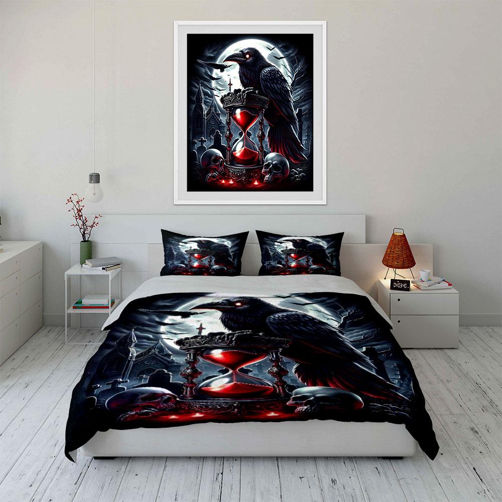 Conjunto de Roupa de Cama com Estampa de Corvo Negro com Cena de Ampulheta 1 Capa de Edredom 2 Fronhas para Adultos e Crianças Presente de Luxo Tamanho Completo