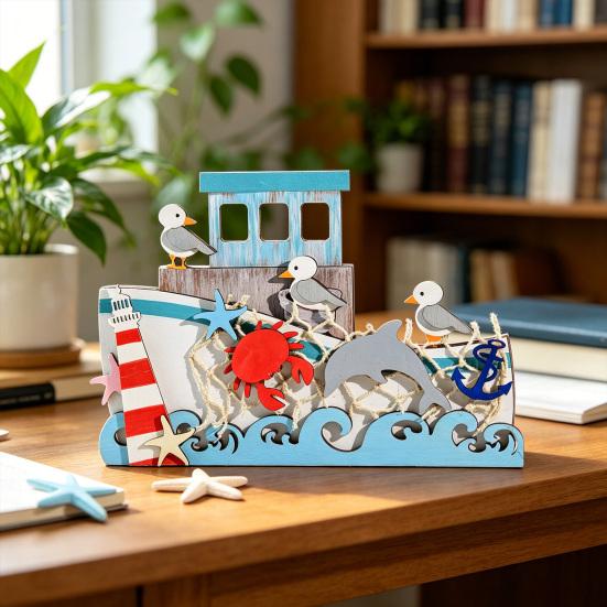 Figurina da Tavolo Multi Strato in Legno Oceano Vassoio a Gradini Spiaggia Estiva Cartello Elemento Centrale Costiero Sott'acqua per Decorazione Scrivania Ufficio Casa Libreria