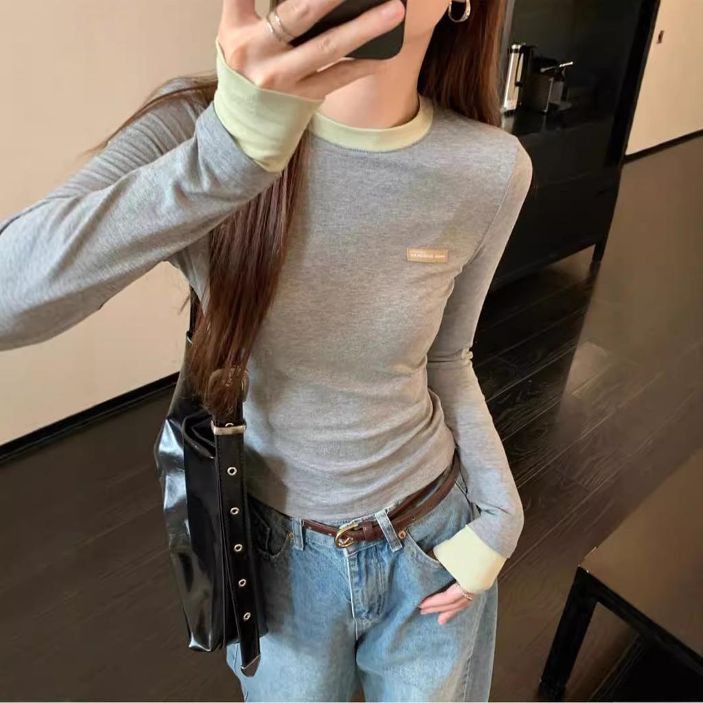 Apricot Chic Fake Two-piece Bottoming Shirt Women's Spring Slim and Thin Contrasting Color Splicing Long-sleeved T-shirt Top