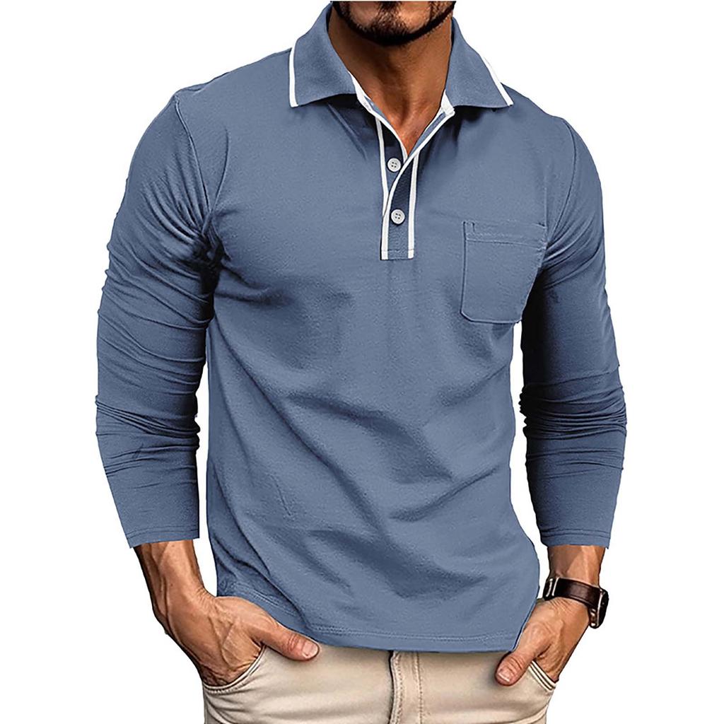 Men's Spring And Solid Color T-shirt Lapel 3 Button Open Placket Button Long Sleeved Top