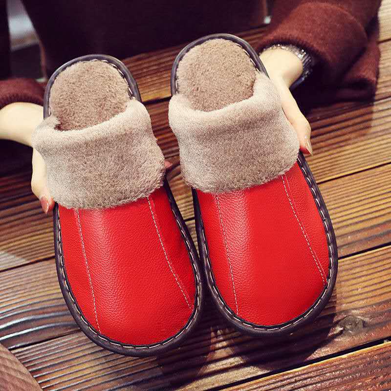 Unisex Genuine Leather Cowhide Slippers: Non-Slip, Warm Indoor Cotton Slippers for Autumn and Winter