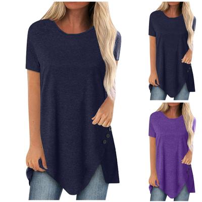 Damskie letnie bluzki Bluzki z krótkim rękawem Casual Tunika Koszule V Neck Jednolity kolor Boczne guziki