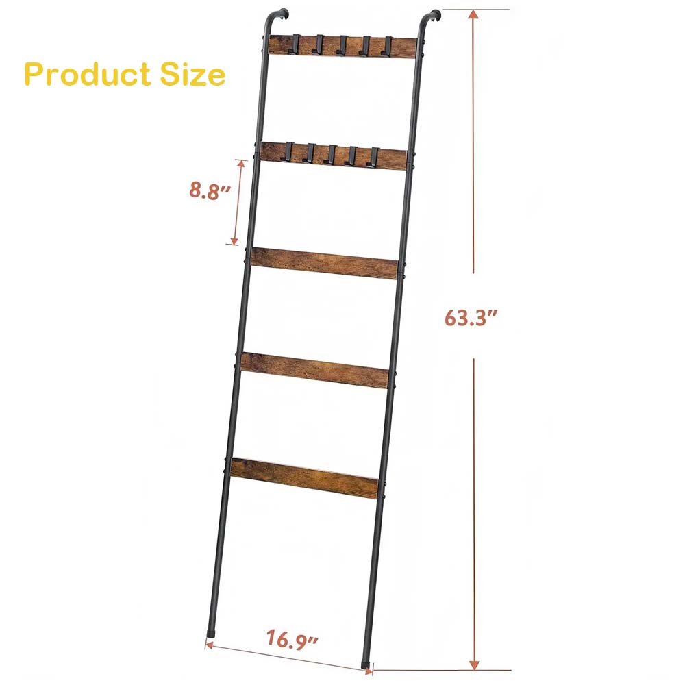 Rustic Brown 5-Tier Blanket Ladder with 10 Hooks - Wall-Leaning Storage for Living Room, Bedroom & Bathroom