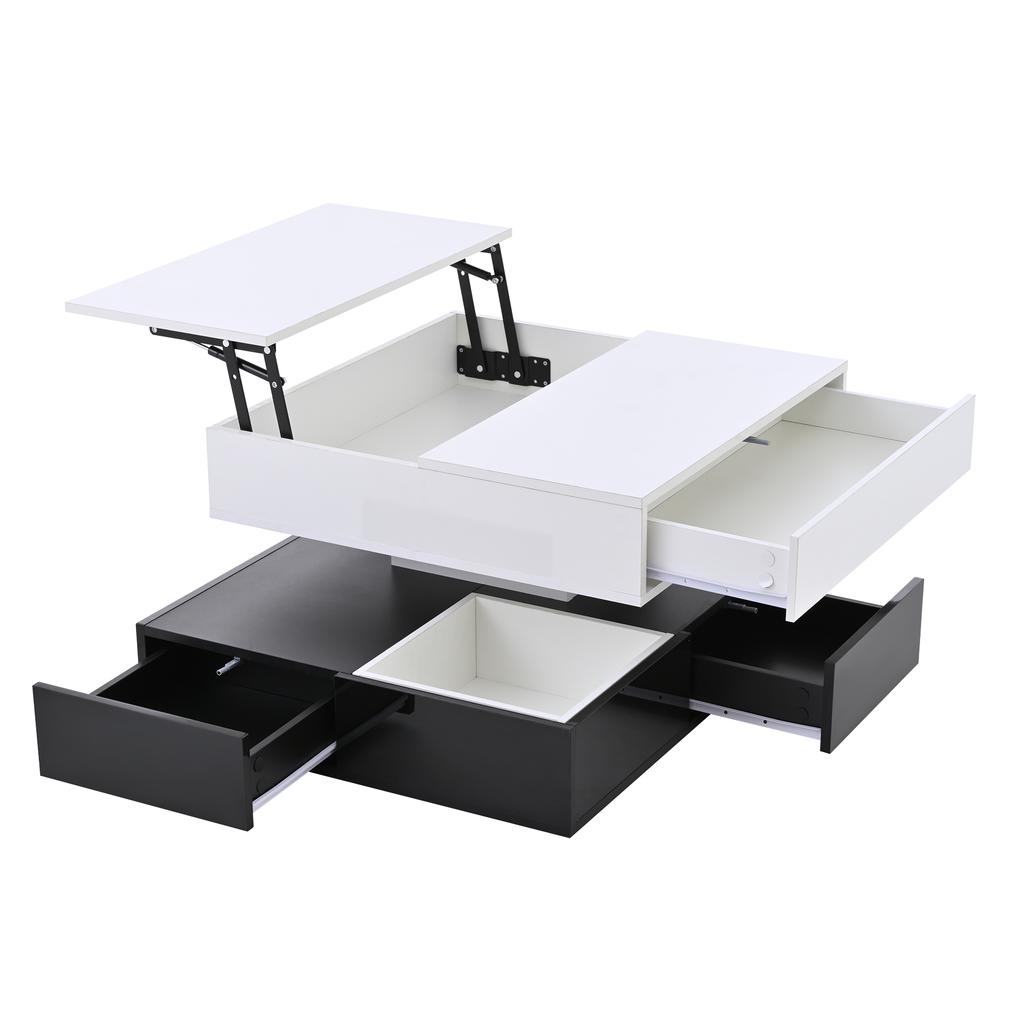 70*70*40cm Coffee Table with 360 degrees Rotating Tabletop, Double-Layer Living Room Table with 3 Drawers, Liftable Sofa Table, White+Black