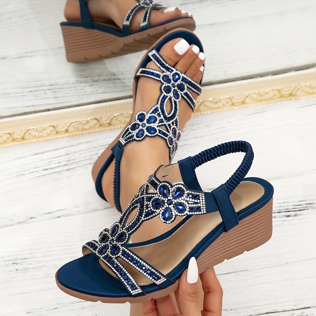 Zářivé pohodlí | Dámské klínkové sandály s kamínky v bohémském stylu, platformový podpatek s otevřenou špičkou a elastickým páskem, plážové sandály