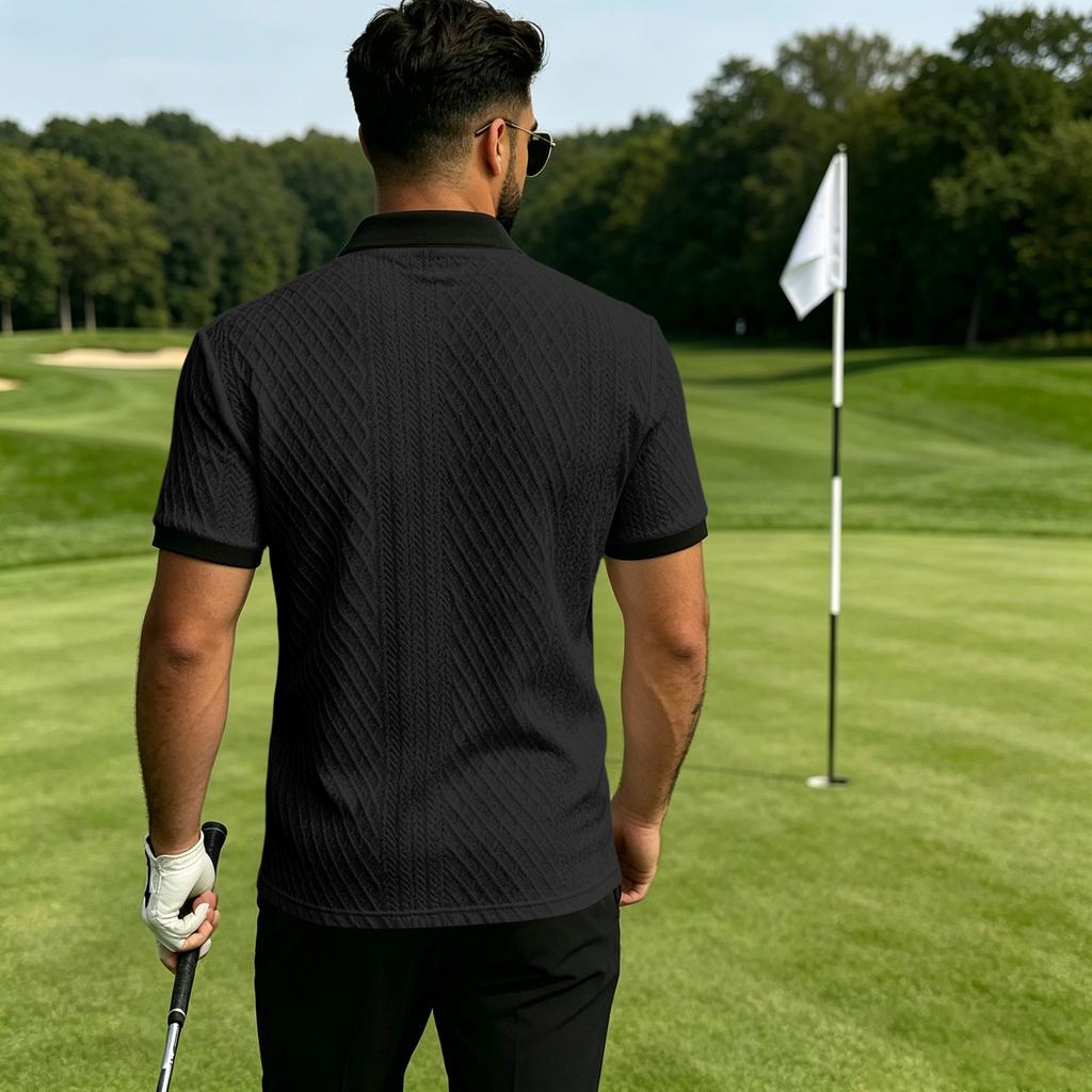 Men's Casual Loose Fit Jacquard Short Sleeve Polo Shirt with Button Collar and Textured Knit Pattern for Everyday Wear