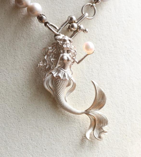ZHENXUN S925 Pure Silver Fairy Tale Pearl Mermaid Princess Pendant Sea Maiden Fish Tail Necklace Gift Girlfriend Original Design