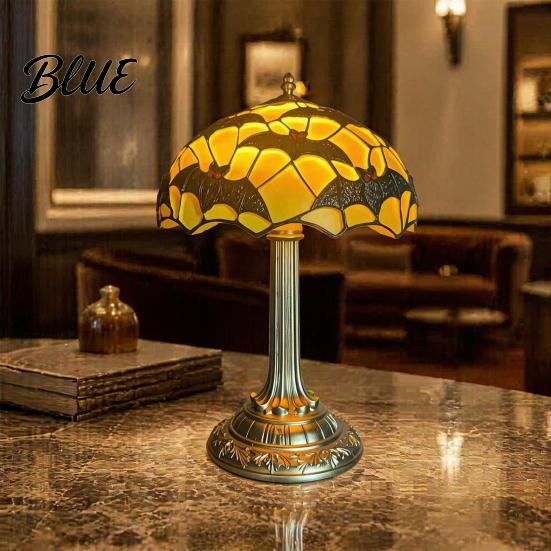 Unique Fantasy Style Bedside Light Stained Glass Black Bat Table Lamp Vintage Resin Retro Cozy Ambient Lighting for Dorm Halloween Gothic Dormitory,