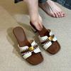 French high-end square head woven thick heel cool slippers women's summer leather metal buckle open toe wear one-word cool slippers