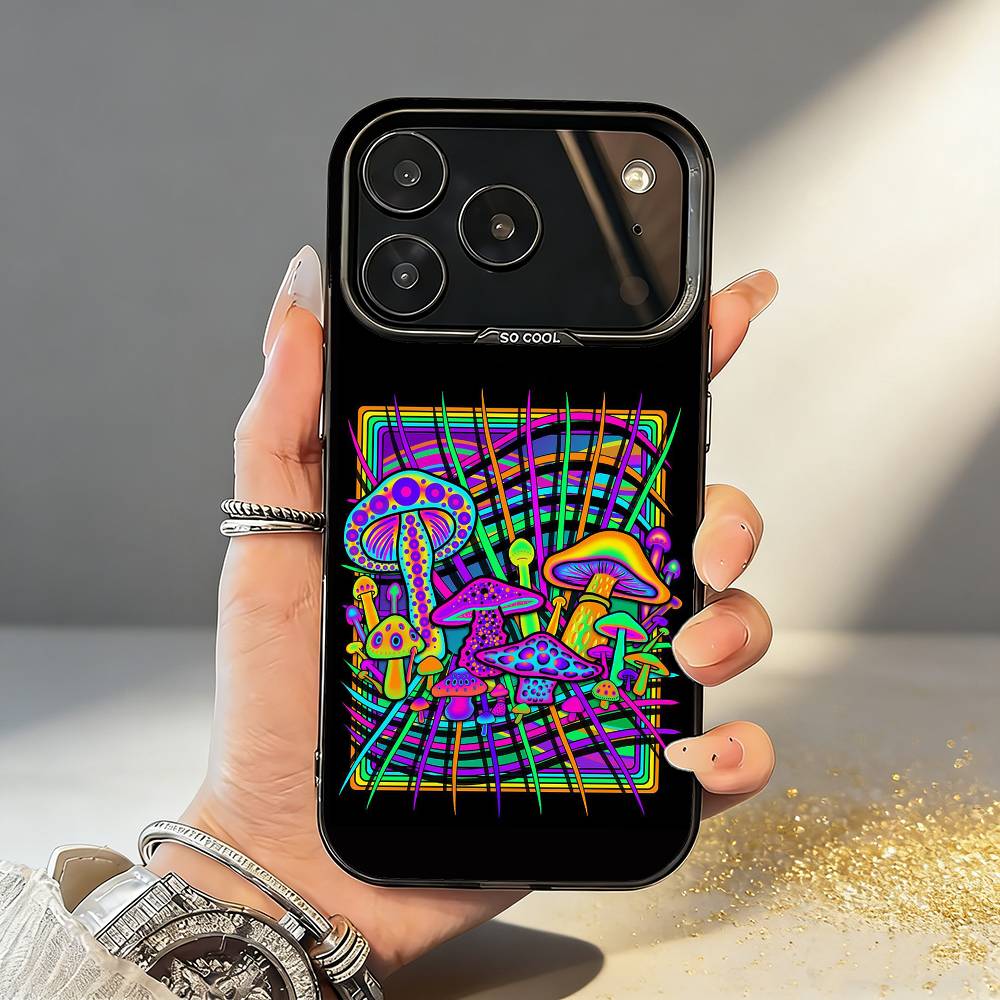 P-Psychedelic C-Colored M-Mushroom Phone Case For iPhone17,16,15,14,13,12,11,Pro,MAX Gray Matte Silicone Black Cover