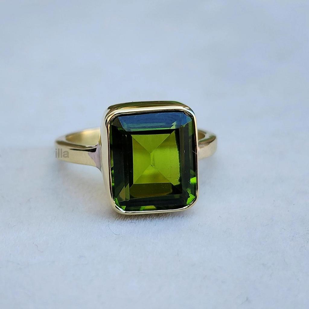 Genune Green Peridot 925 Sterling Silver Yellow Gold Overlay Ring Jewelry, Artisan Gift Wedding August Birthstone Ring