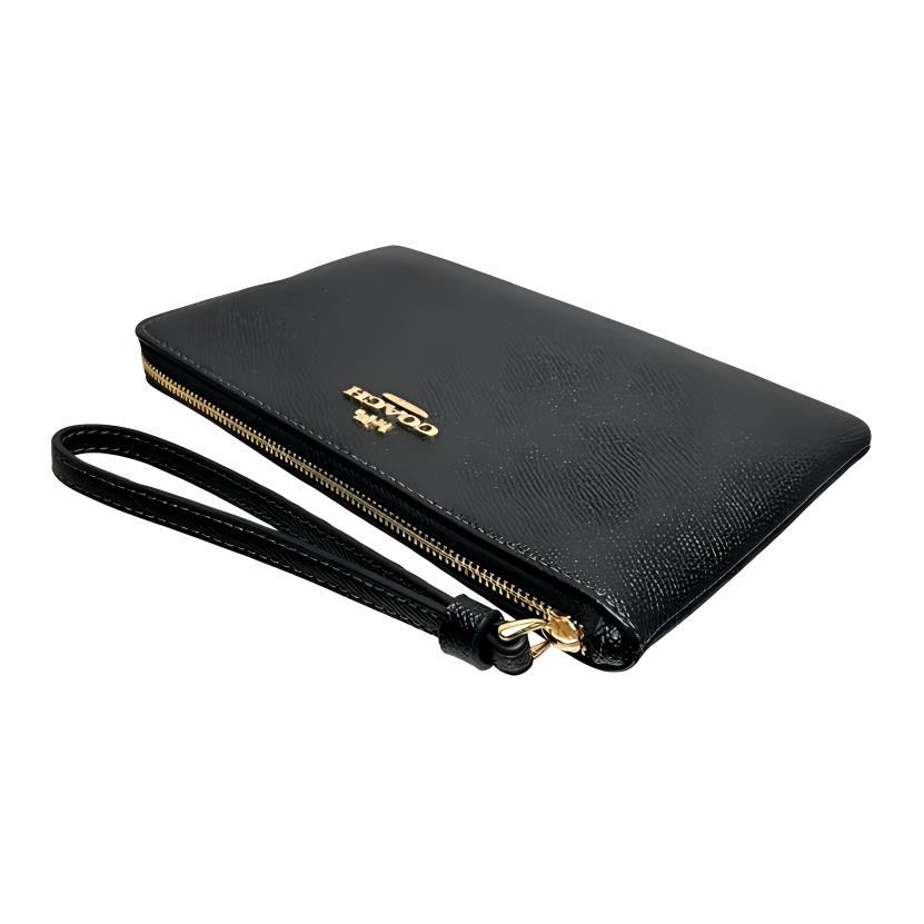 Coach Corner Zip Wristlet 20 With Metal Logo Zipper Closure In Crossgrain Leather Women Wristlet Gold Black CV395-IMBLK