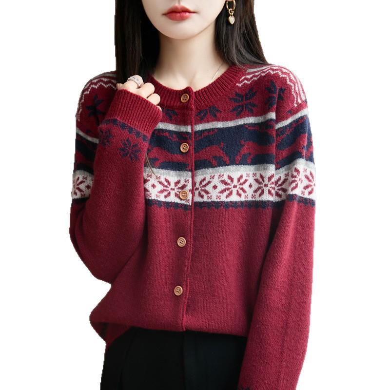 Dámský pletený kardigan Fair Isle - Volný svetr s dlouhým rukávem pro podzim/zimu 2025