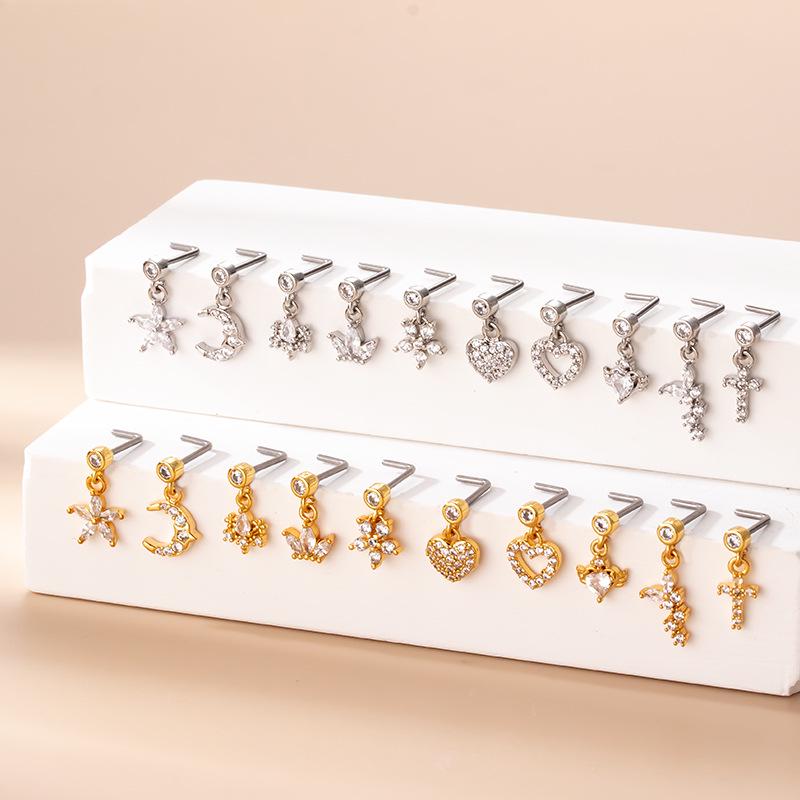 Heart Cross Flower Zirconia Nose Stud - Stainless Steel Thin Bar Jewelry